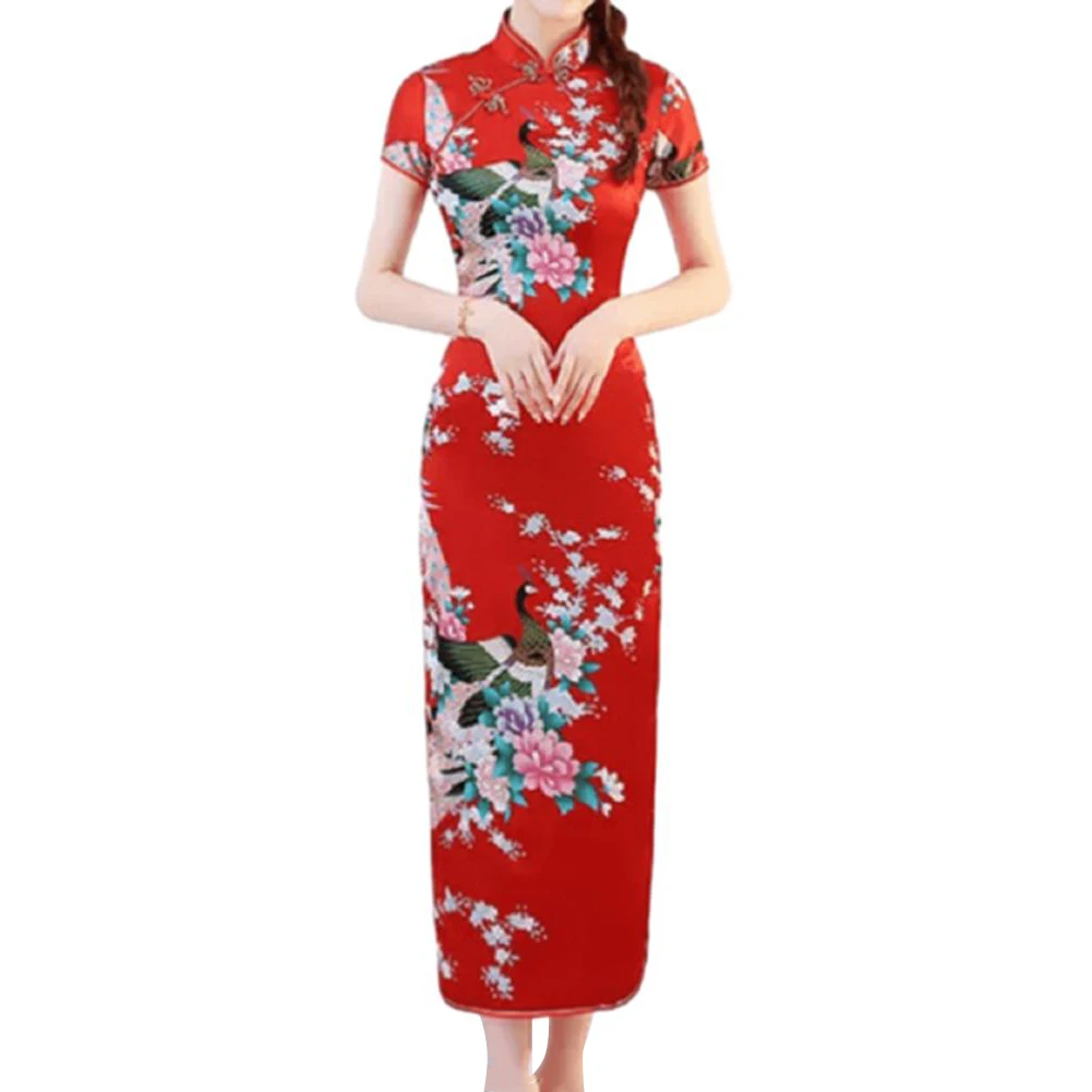 

Women Autumn Spring Dress New Year Chinese Style Event Short Sleeve Retro Long Cheongsam Walk Show Ladies Improvement Dress