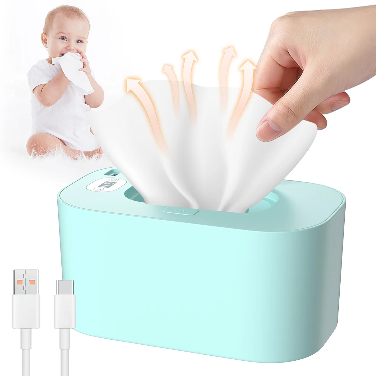 

Baby Wipe Warmer Heater Box Portable USB Charge Wet Tissue Dispenser Warming Thermostatic Disinfecting Wipes Case for Home Car