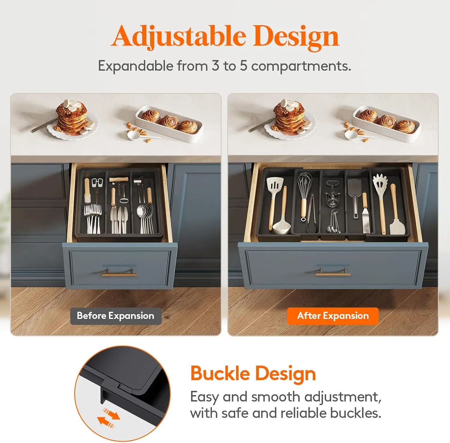 Utensil Organizer for Kitchen Drawers, Expandable Cooking Utensil Tray, Adjustable Cutlery Silverware Flatware Holder, Plastic 4