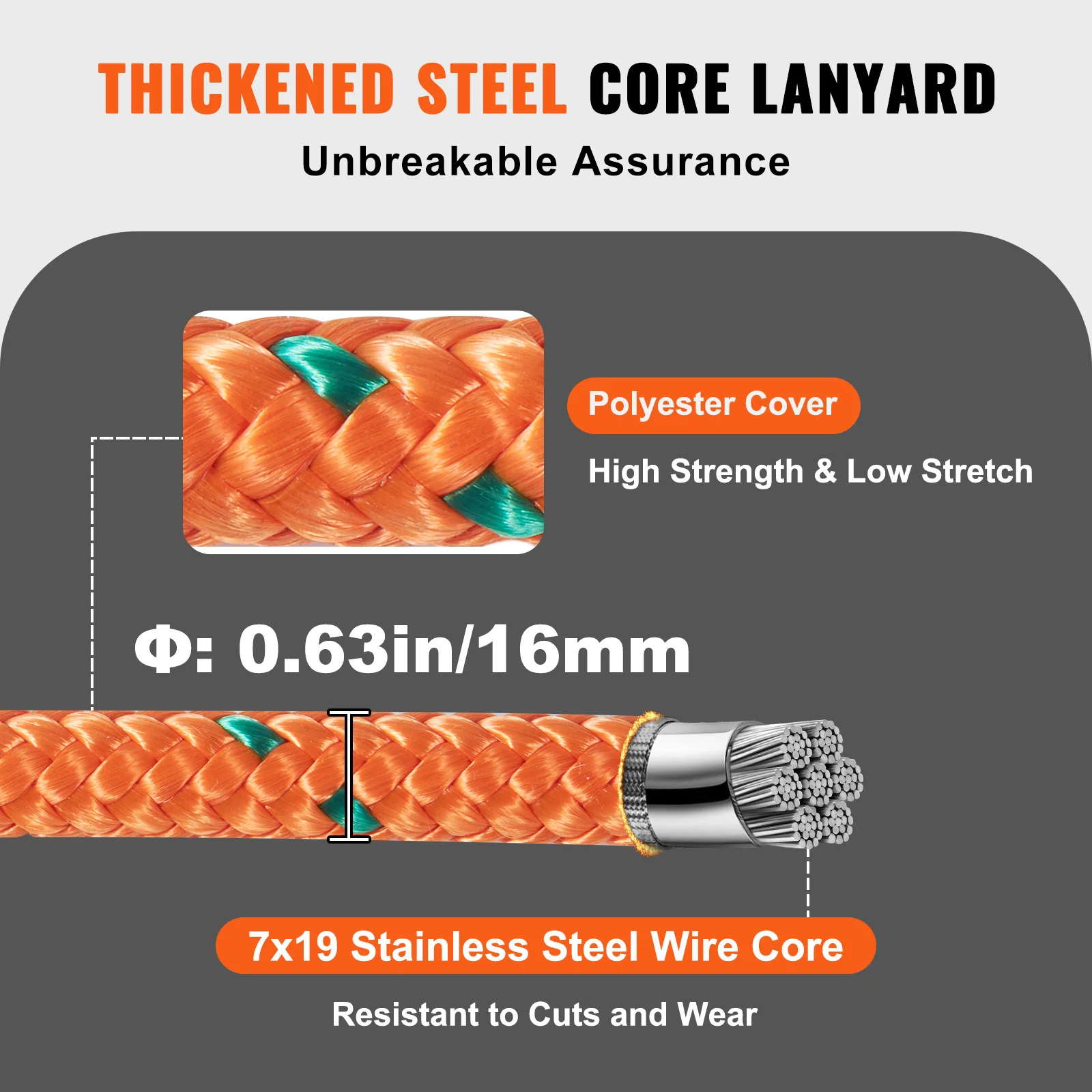VEVOR 16/12.7mm Steel Core Flipline Arborist Flipline for Tree Climbing 30KN Breaking Tension for Fall Protection Tree Climber