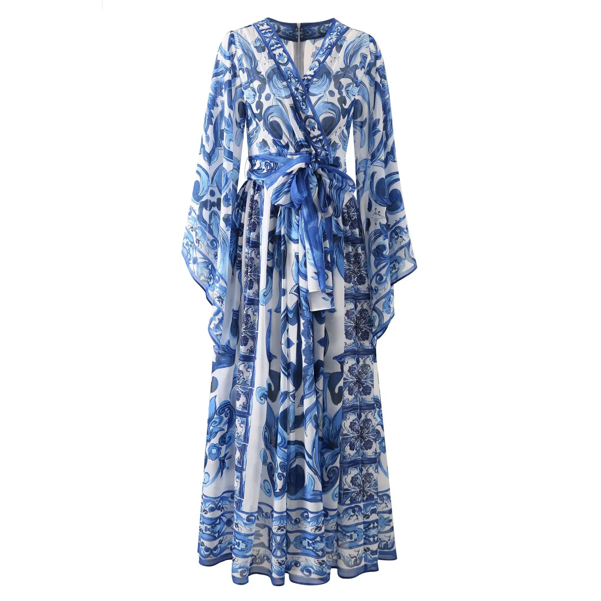 Wein Lady Women's Chiffon Silk Printed Large Swing V-neck Flying Sleeves Yellow Porcelain Dress Cross-border Women's Long Skirt