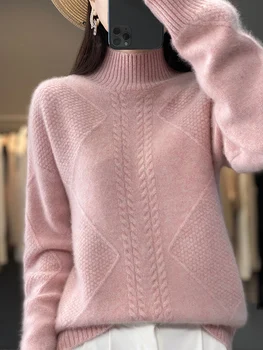 Autunno inverno nuovo maglione di cachemire spesso Pullover mezzo collo alto da donna 100% maglione dolcevita di lana sciolto Top in maglia di grandi dimensioni 1