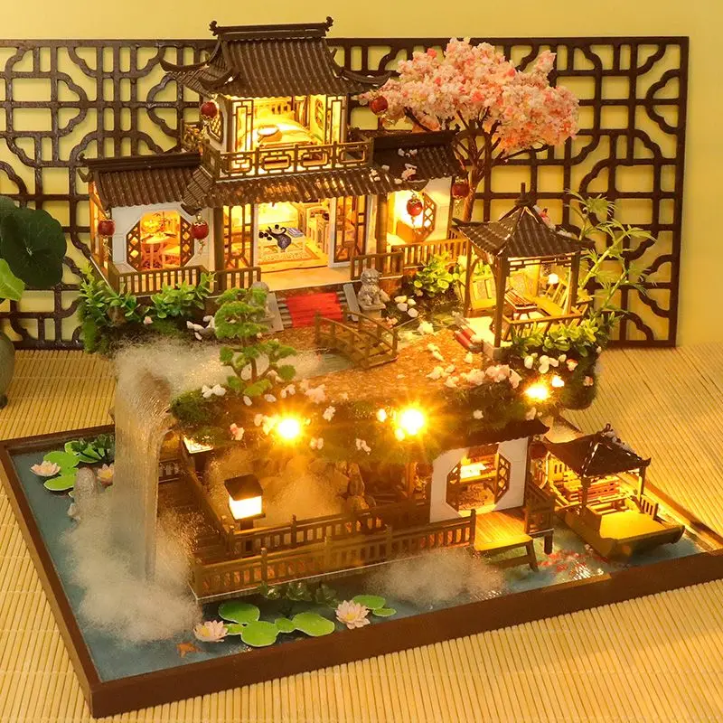DIY Wooden Miniature Model Kit Chinese Ancient Casa Cherry Blossom Villa 3D Puzzle Dollhouse With Furniture Lights Home Decor 2