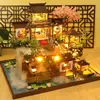 DIY Wooden Miniature Model Kit Chinese Ancient Casa Cherry Blossom Villa 3D Puzzle Dollhouse With Furniture Lights Home Decor 2