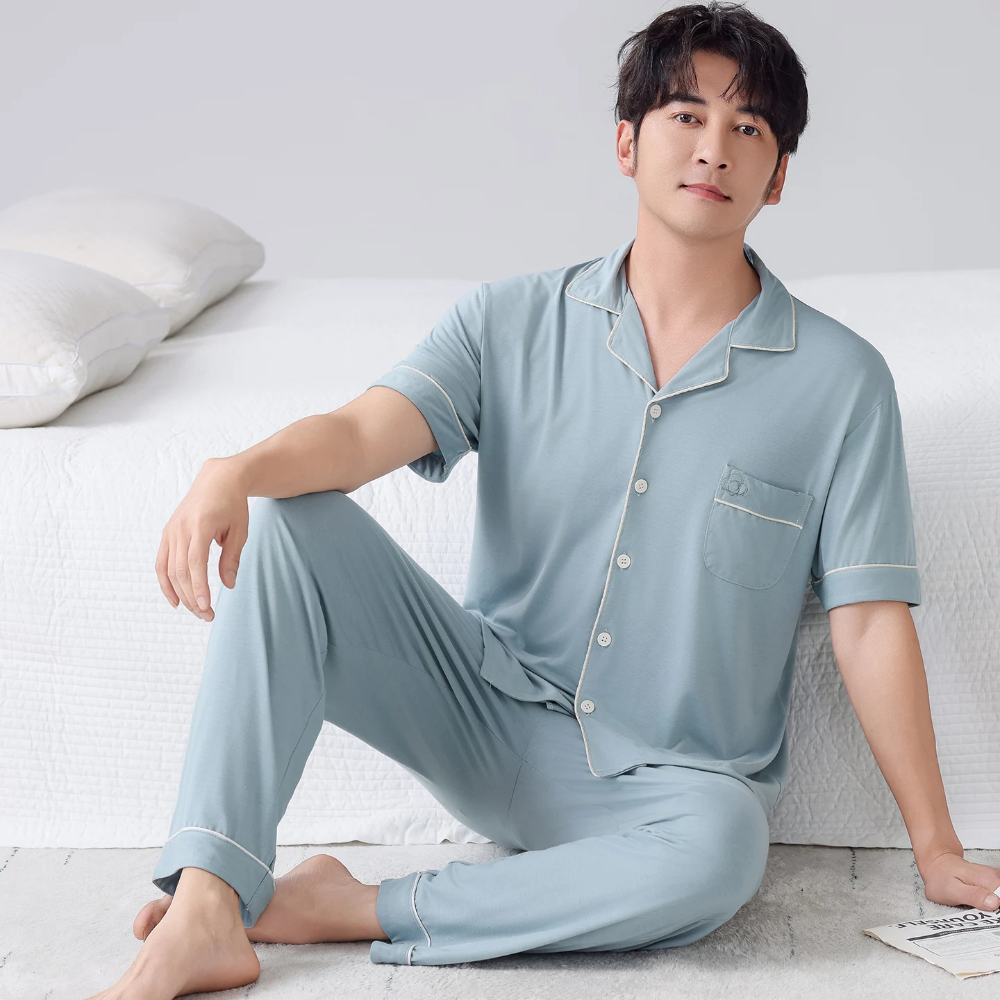 남성 카디건 파자마 세트 여름용 부드러운 모달 파자마 남성 홈웨어 반팔 상의 + 긴 바지 2종 세트 잠옷