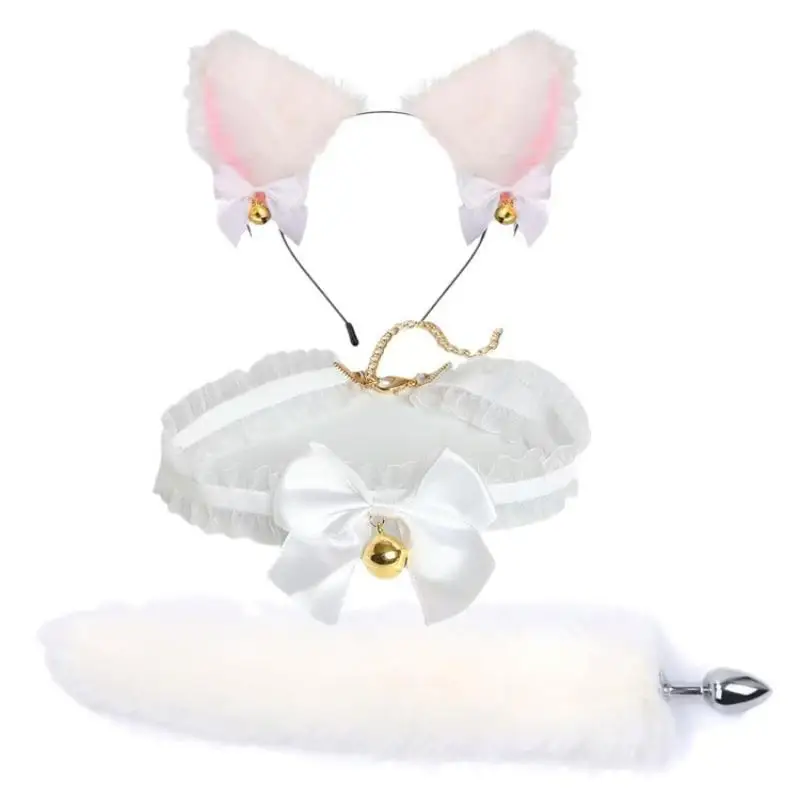 3Pcs Cute Fox Tail Anal Plug Bow-Knot Cat Ears Headbands Collar Erotic Cosplay Sex Toys For Female Male Couples