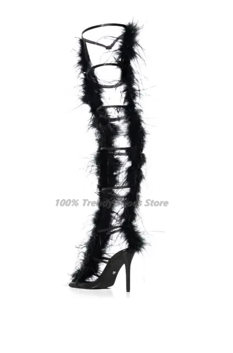 Fashion Show Stiletto High Heels Strap Plush Fairy Over Knee Boots Sandals European and American 3