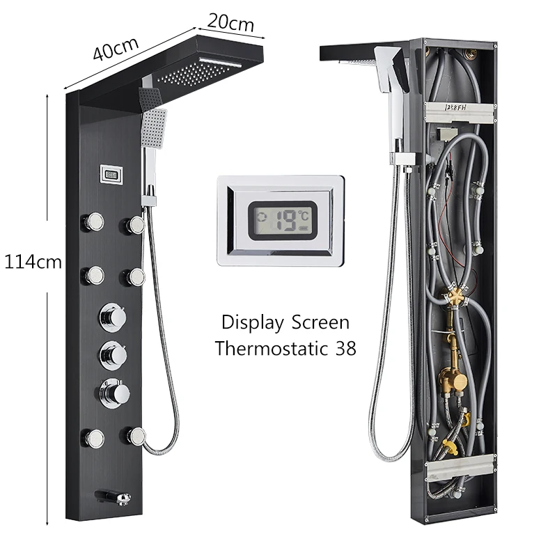Description Picture 3 of itemThermostatic Bathroom Luxury Rain Waterfall Head Shower Panel Display Screen Massage Jets Waterfall Bath Tub Spout Shower Column