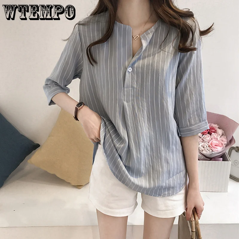 

WTEMPO Vintage Striped Shirt Women Oversized 7/4 Sleeve Loose Casual Shirt Fashion StreetWear Female Top Blouse Women 2023