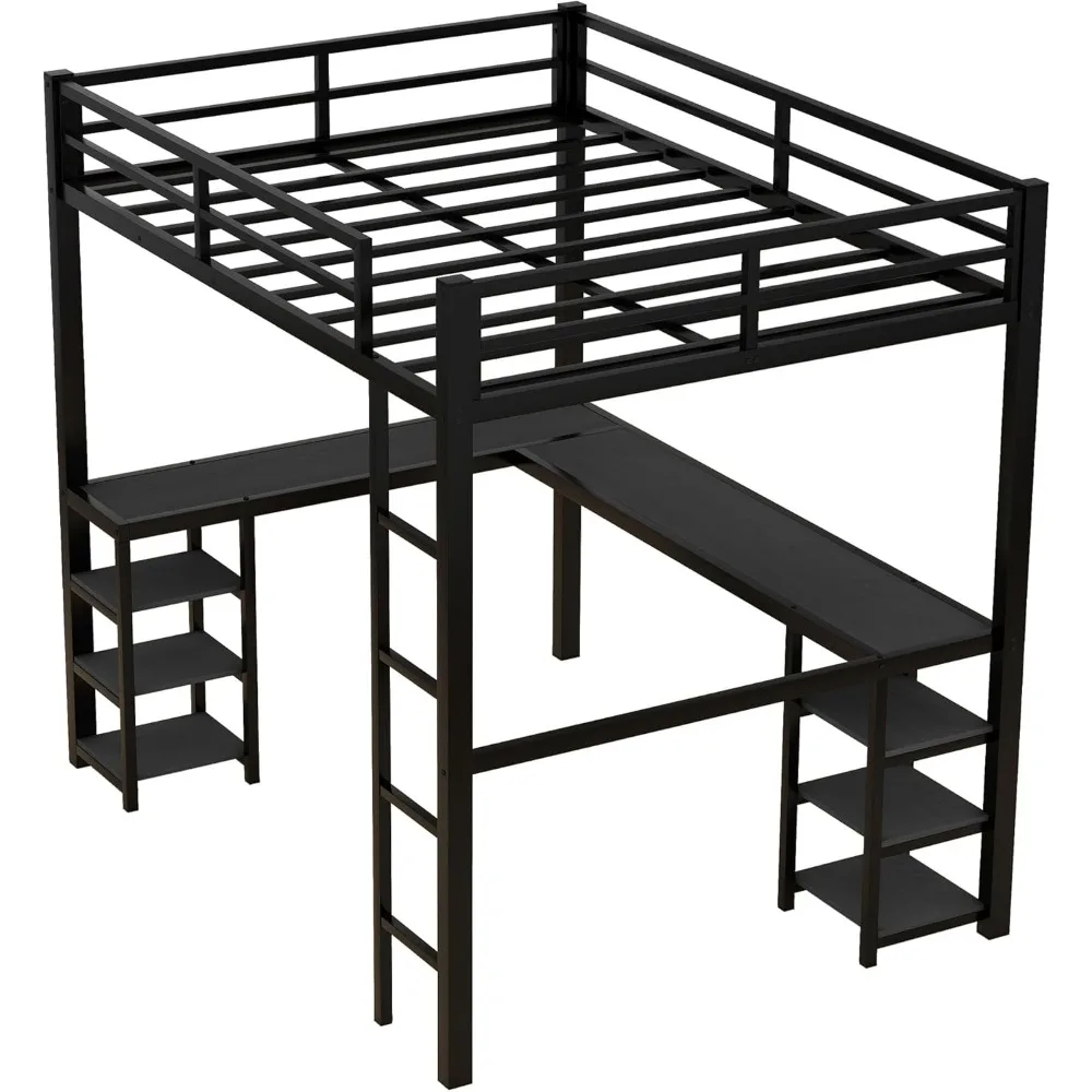 Children Beds, Full Size Loft Bed with Desk and Storage Shelves, Heavy Duty Metal Loft Bed with Black Desk and Guardrail 5