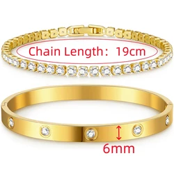 Elegant Stainless Steel Zircon - Embellished Bracelets - Non - Fading Luxury Women's Fashion Jewelry (2pcs gold 19cm)