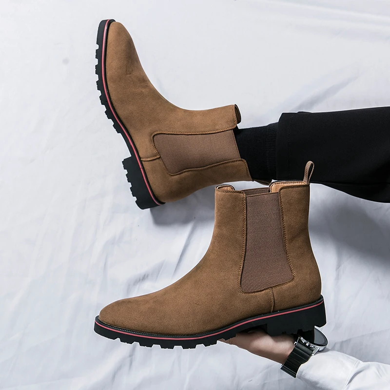 Winter Men's Luxury Suede Leather Chelsea Boots Fashion Dress Boots Men Elastic Band Ankle Handsome Male For Work