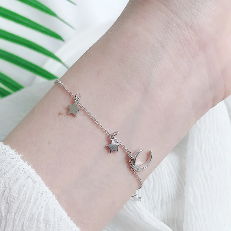 ANENJERY Zircon Moon Star Pendant Chain Bracelets for Women Trendy Simple Hand Jewelry Accessories Girls Birthday Gifts image