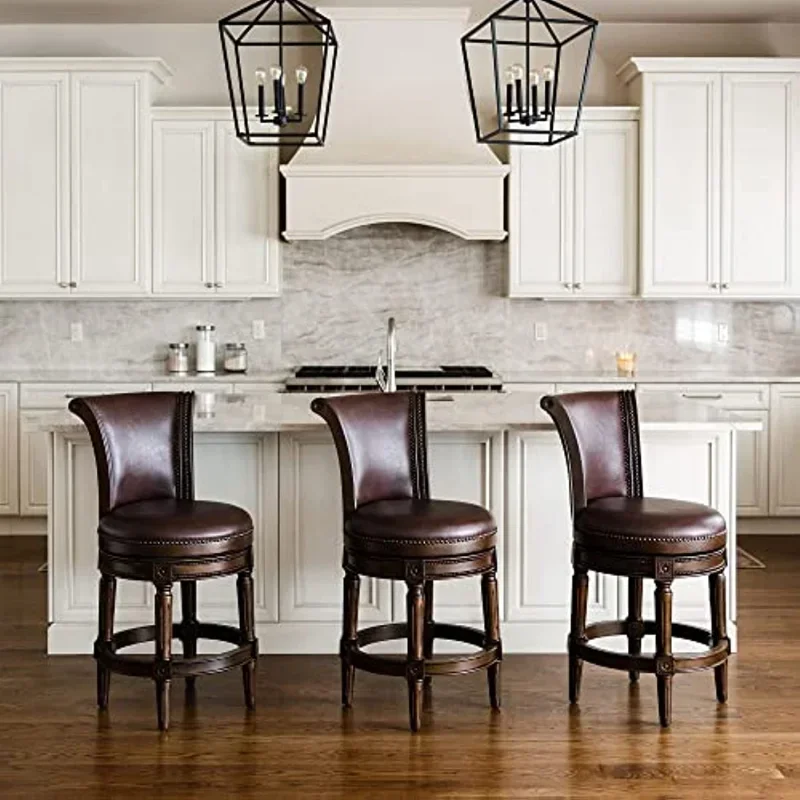Pullman 26 Inch Tall Counter Height Upholstered Barstool with Back in Dark Walnut Finish with Vintage Brown Leather Cushion Seat