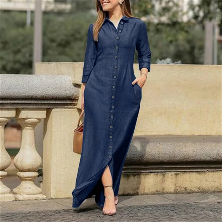 

2024 Spring Large Size Cowboy Style Women's Dress Black Turn-down Collar Button Long Dresses Female Casual Elegant Lady Clothes