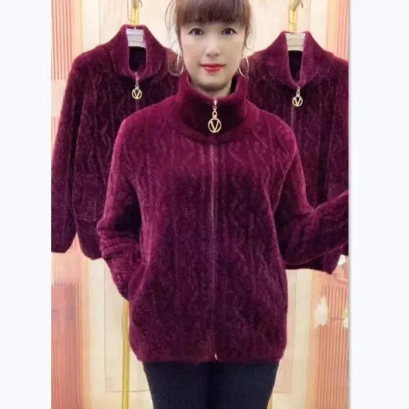 Female Winter Imitate Mink Velvet Coat Velvet Half Height Collar Warm Retro  Style Elegant Short Women's Cardigan Jacket