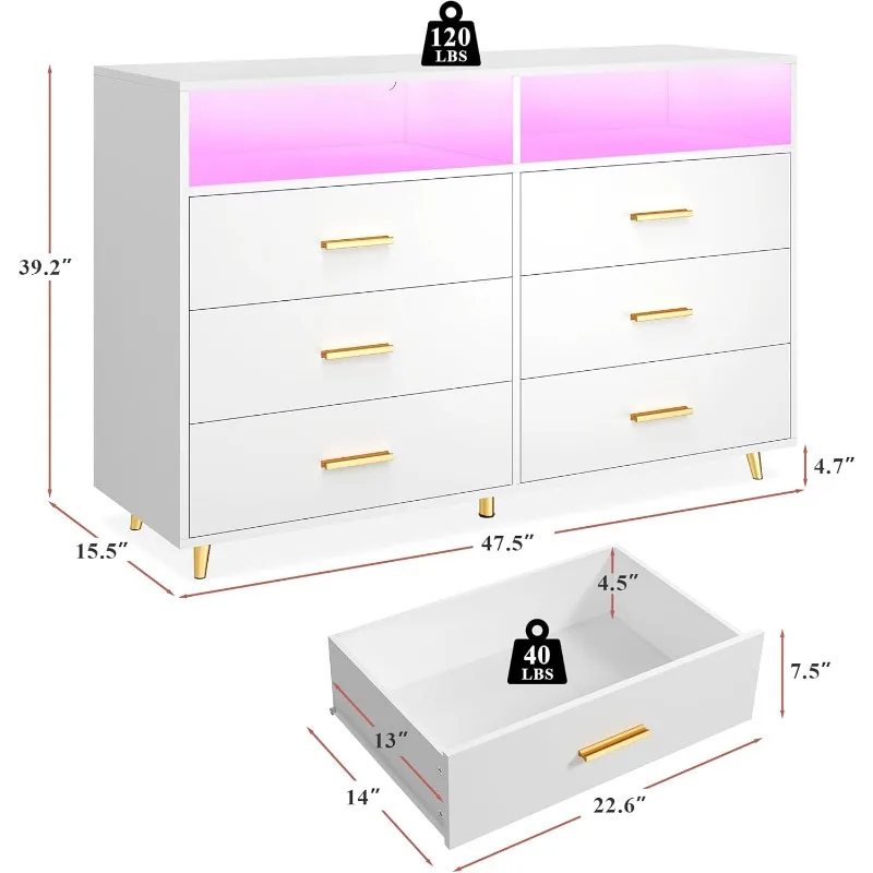 Dresser for Bedroom, White Dresser with LED, Chests of Drawers, 6 Drawers & 2 Shelves for Bedroom