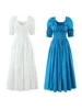HH Woman Spring Fashion French Round Neck Bubble Sleeve Stretch Dress Female Retro Solid Lace-up Pleated Decoration Dress
