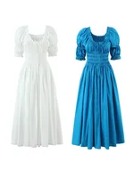 HH Woman Spring Fashion French Round Neck Bubble Sleeve Stretch Dress Female Retro Solid Lace-up Pleated Decoration Dress