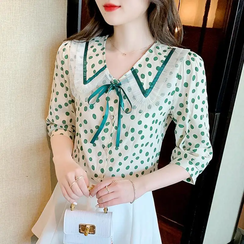 

2023 Summer New Lace Peter Pan Collar Short Sleeve Top Shirts for Women 3XL Polka Dot Chiffon Shirt Women Chic Beautiful Blouses