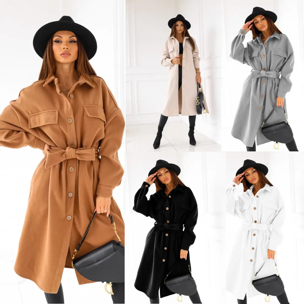 

Autumn and Winter Long Sleeve V-neck Button Strap Woolen Women's Coat Jackets for Women