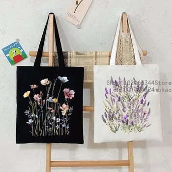 Borsa tote in tela con stampa lavanda Boho Borsa a tracolla da spiaggia con fiori di campo estetica da donna Borsa da viaggio casual per studenti con tendenza floreale