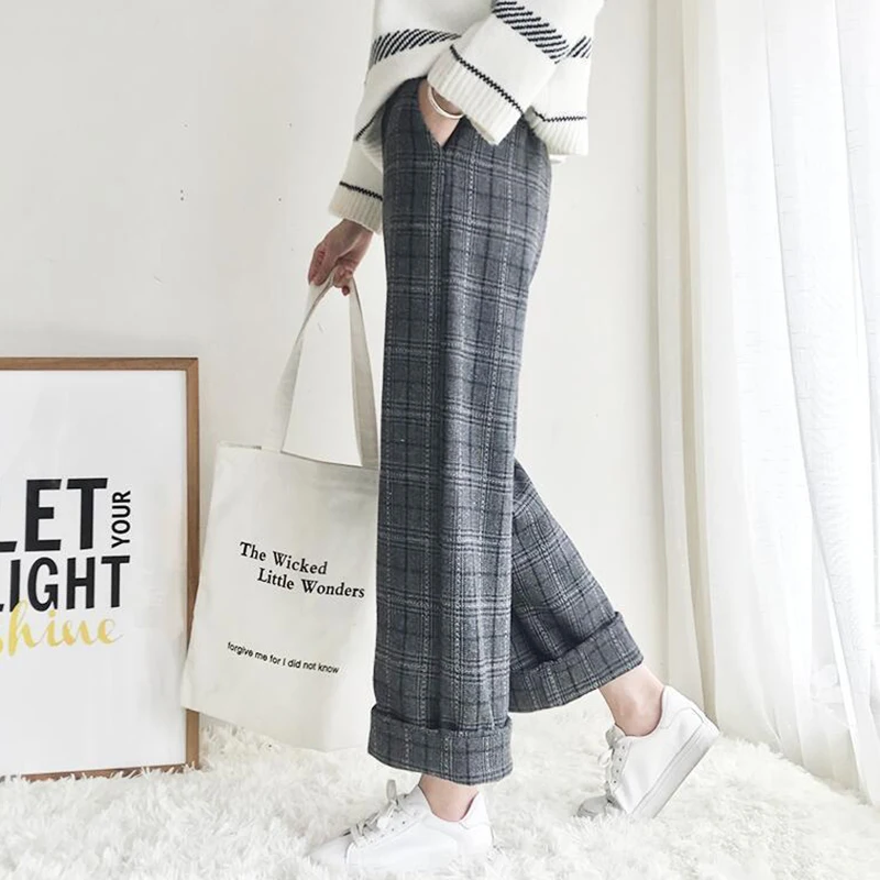 Women Stripe Wide Leg Pants 2023 Fall Winter High Waist Loose Ankle-Length Pants Office Lady Vintage Straight Pantalones Stretch