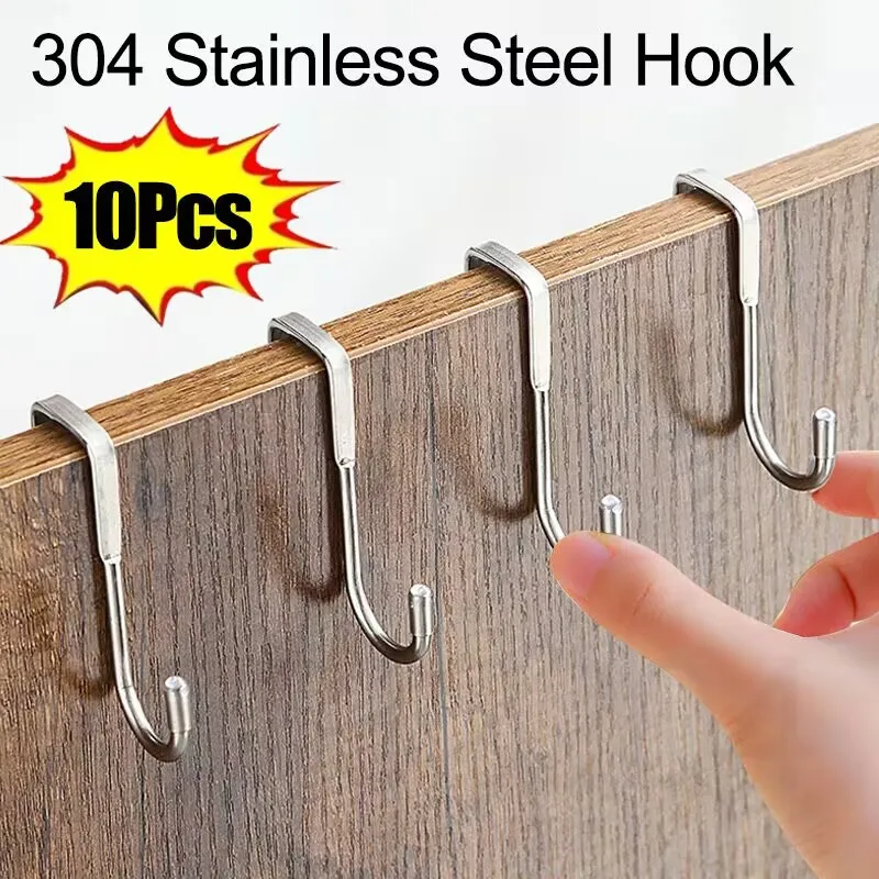 Storage Hook 1-10pcs 304 Stainless Steel Hook Free Punching Double S-Shape Hook Kitchen Bathroom Cabinet Door Back Type Coat Towel Storage