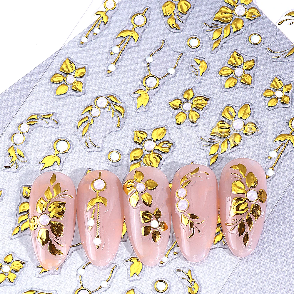 1/2pcs Gold White Flower Nail Art Stickers 5D Embossed Self-Adhesive Love Heart Line Nail Decals French Manicure Decoration