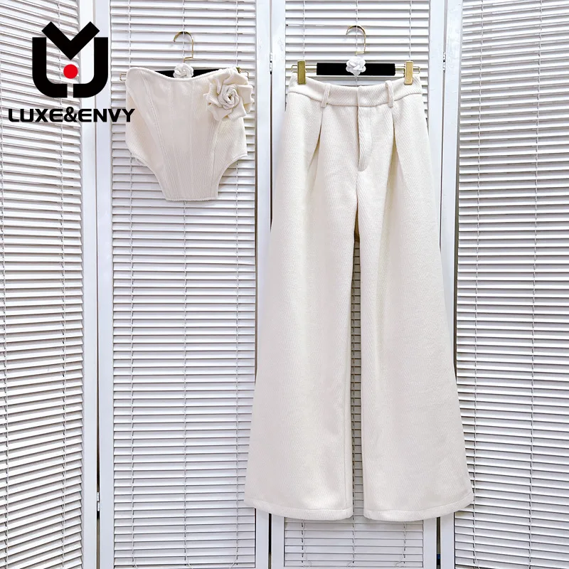 

LUXE&ENVY Sexy Off Shoulder 3D Flower Irregular Bra+Herringbone Fabric Pants Set 2023 Autumn