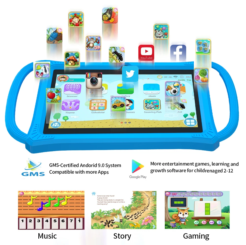 Kids Tablet 7.0 Inch  Android 12 Quad Core 4GB RAM+64GB ROM 4500mAh Dual Camera WiFi Parental Control 5