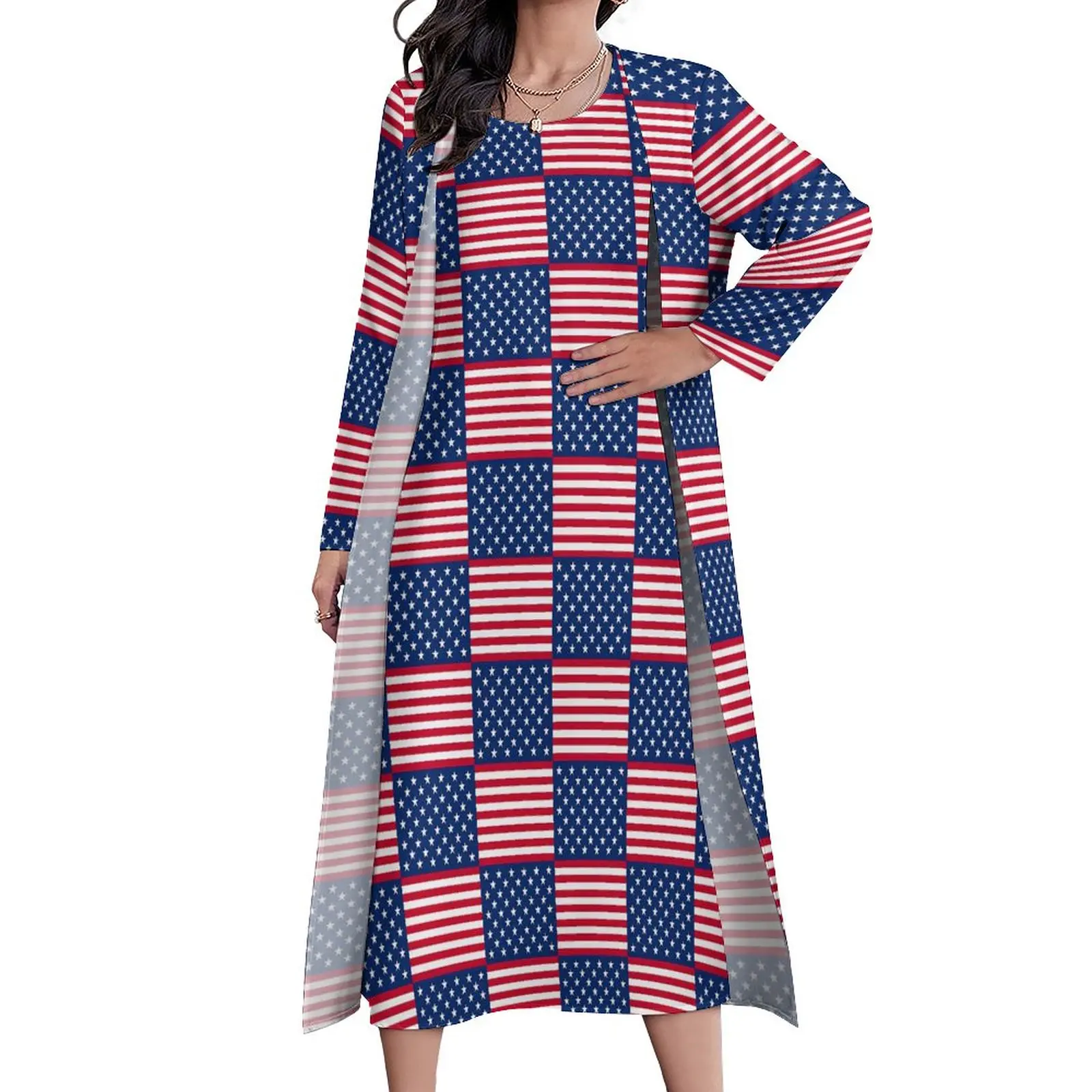

USA Flag Dress Spring American National Day Street Style Bohemia Long Dresses Woman Printed Modern Maxi Dress 3XL 4XL 5XL