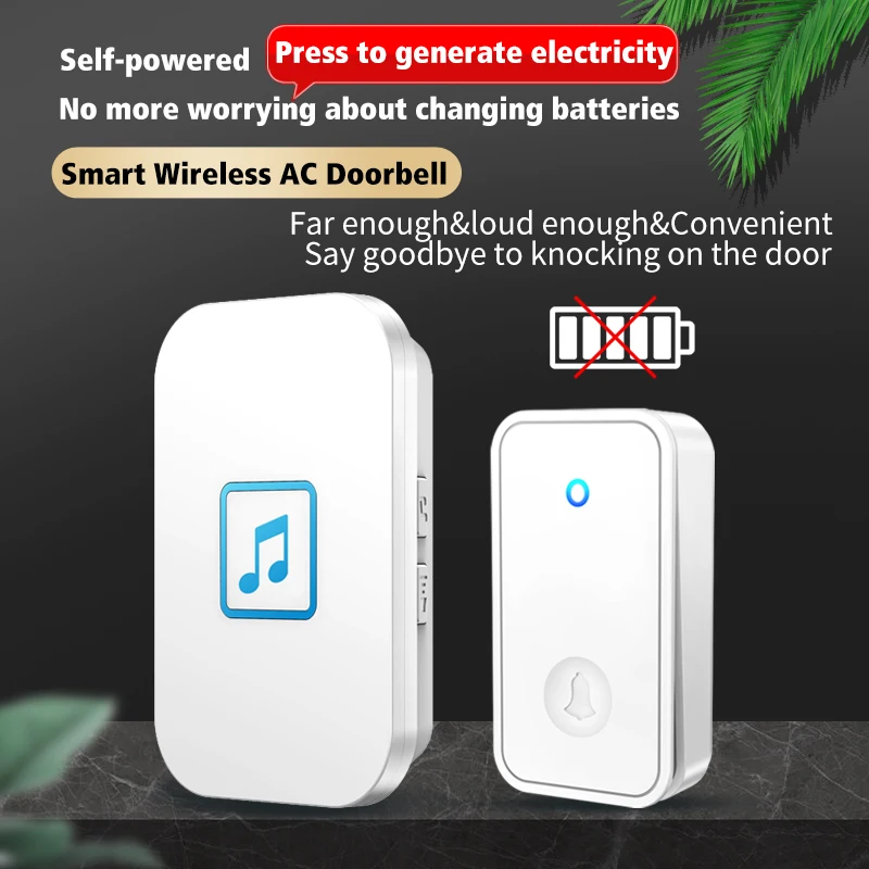CACAZI Self-powered Outdoor Wireless Doorbell Waterproof Smart Home Door Bell Chime Kit LED Flash Security Alarm 5 levels(Black)