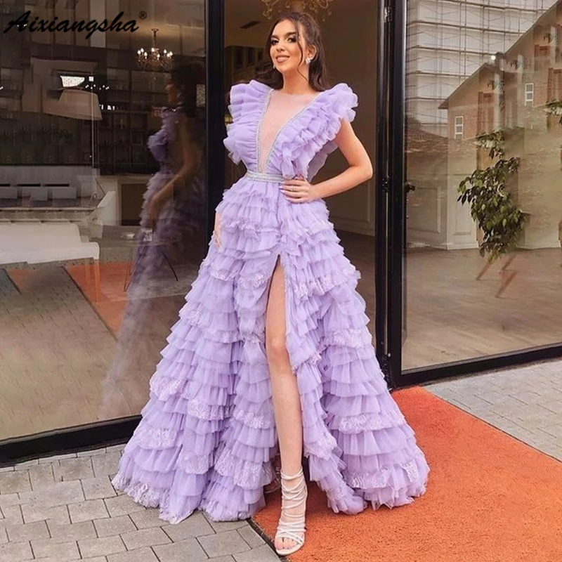 

Aixiangsha Evening Dress Tiered Ruffle Tulle A-line Split Purple فساتين سهره فاخرة طويلة vestidos de fiesta elegantes para mujer
