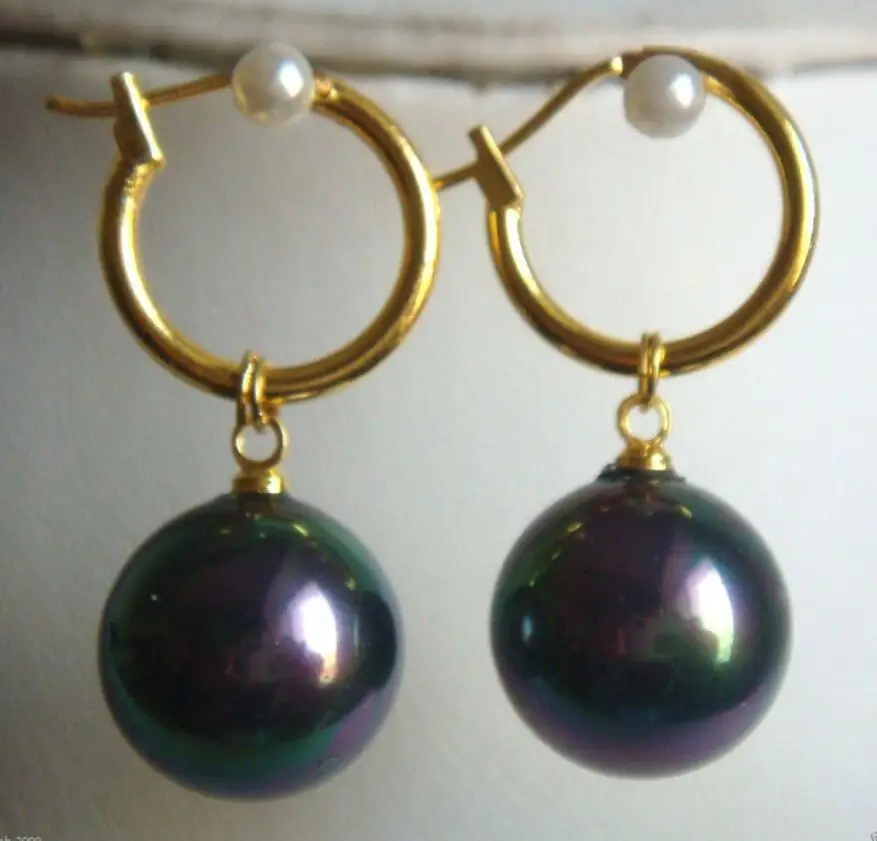 14Mm Tahiti Arcobaleno Nero Conchiglia Del Sud Perla 14 Orecchini Pendenti Gp Aaa +