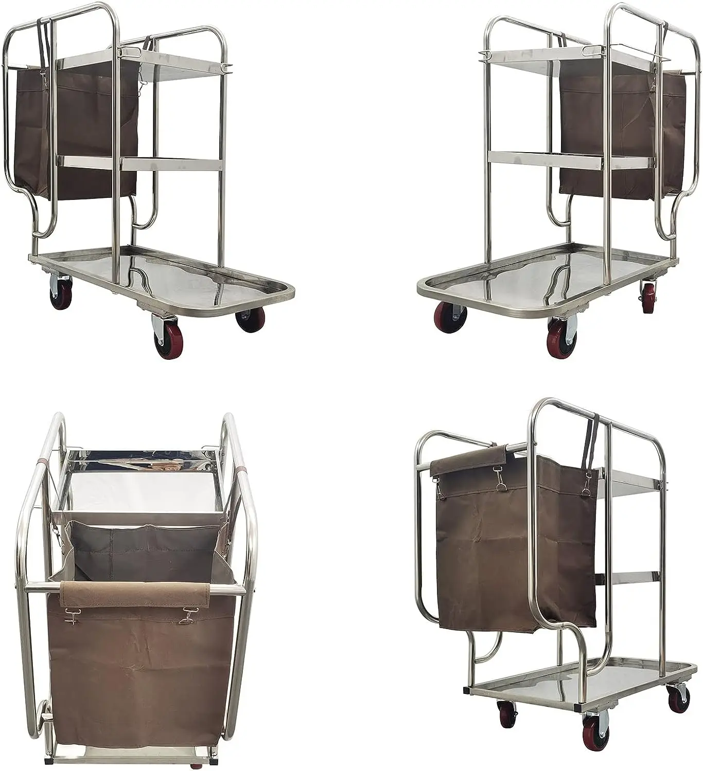 Stainless Steel 3 Shelf Janitor Cart With Cloth Bag Housekeeping Cart Hotel Mute Wheel Commercial Hotel Cleaning