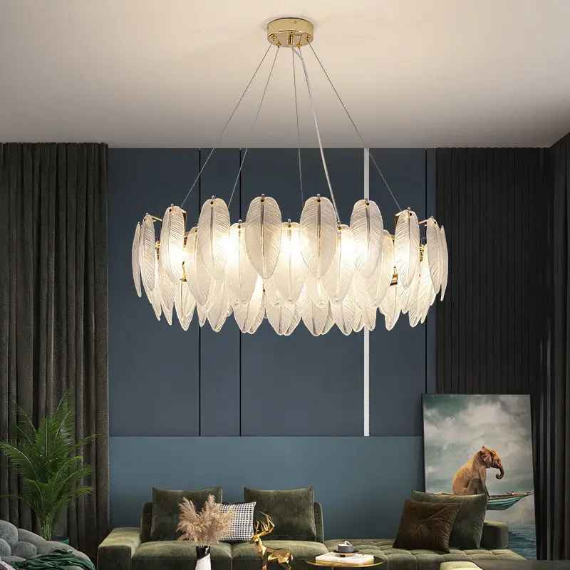 

Nordic LED Feather Chandelier Living Room Dining Room Bedroom Kitchen Glasses Pendant Lamp Luxurious Gold Decorative Art Light