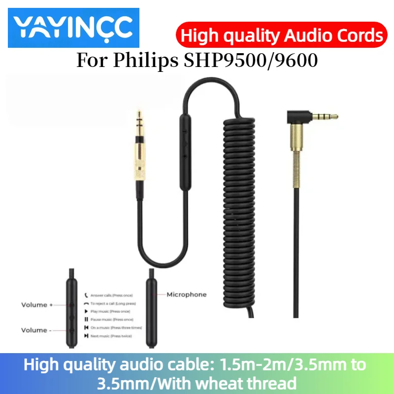 Hochwertiges Audiokabel für Philips SHP9500/9600 Headset, 3,5mm auf 3,5mm Stecker mit Mikrofon-Federkabel.