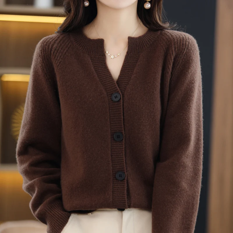 

Knitted cardigan jacket 22 autumn and winter latest high-end 100% pure wool round neck loose top women's