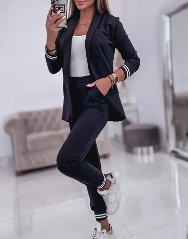 Women's Casual Shawl Collar Long Sleeves Contrast Paneled Daily Medium Stretch Striped Shawl Neck Coat Cuffed Pants Set