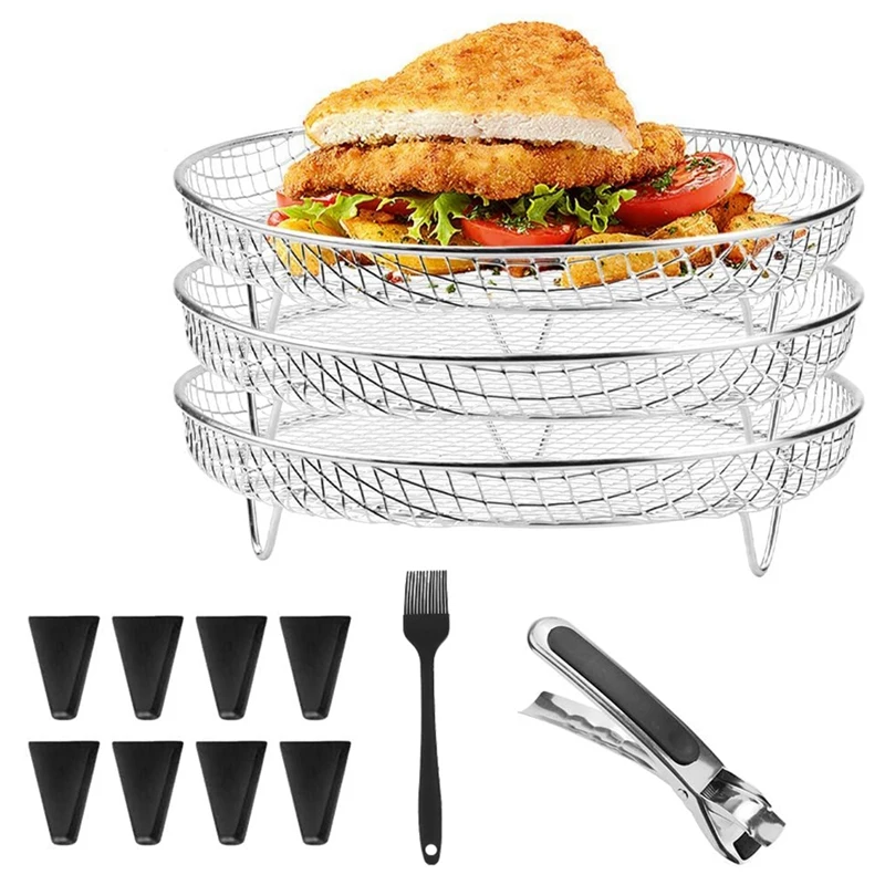 

Air Fryer Rack Round 3 Layer Stackable Dehydrator Racks Silver & Black Stainless Steel