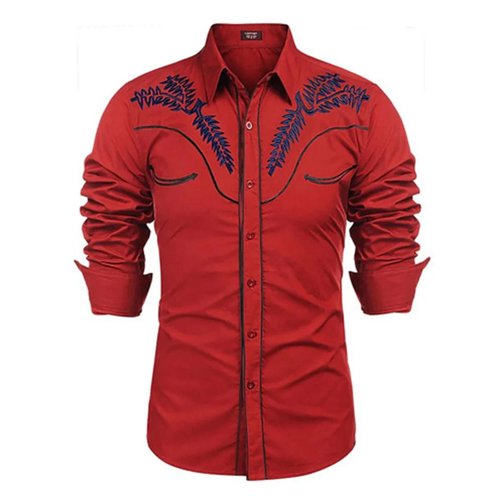 2023 New Men's Western Printed Long -sleeved Lapel Single -breasted Shirt Casual Social Men's Club Street Clothing