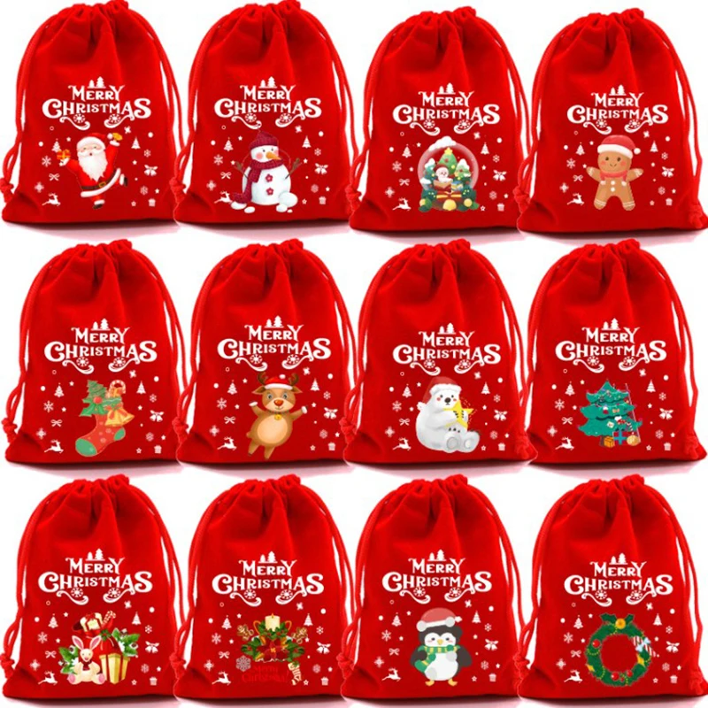 

1/10 шт. рождественские бархатные пакеты на шнурке, мешочек для конфет и печенья, красные пакеты для упаковки браслетов и украшений, рождественские пакеты для хранения