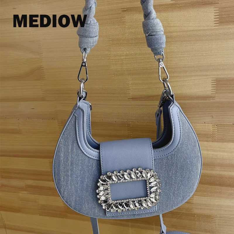 

Женская джинсовая вечерняя сумка MEDIOW, роскошная дизайнерская сумочка, кошелек с имитацией бриллиантов, наплечная сумка с имитацией полумесяца, 2023