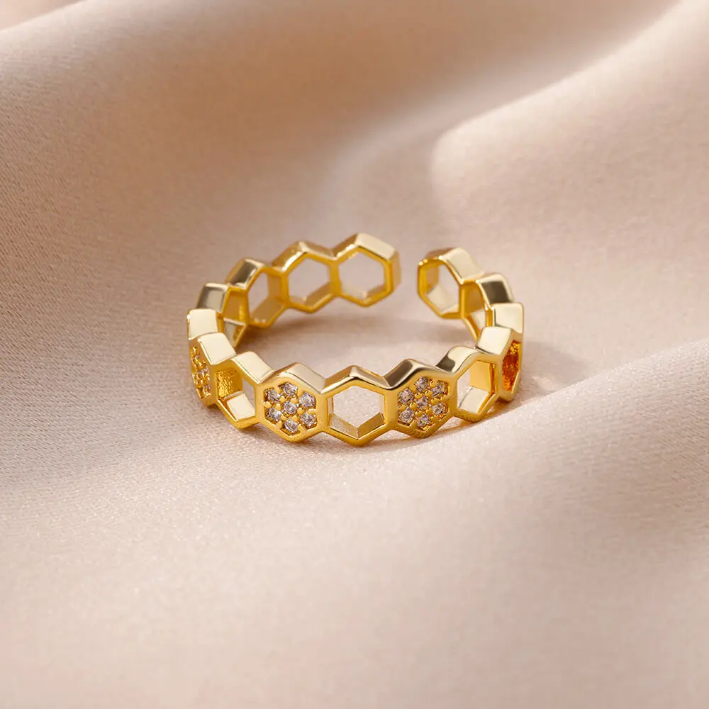 Zirco Hexagonal Ring Stainless Steel Gold Plated For Women