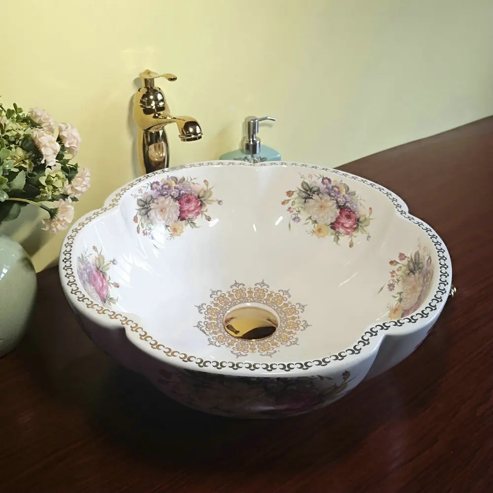 MAEBOW Artistic Sink Europe Style Handmade Flower Shape Ceramic Countertop Bathroom Wash Basin Bathroom Sink 6