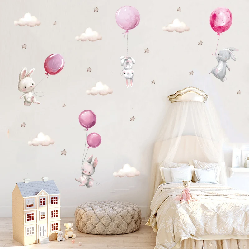 Cute Bunny Hearts Wall Stickers Children Kids Rooms Girls Baby Room Decoration Nursery Kawaii Cartoon Rabbit Wallpaper Vinyl wall stickers self adhesive stickers vinyl stickers self adhesive wall stickers vinyl wall stickers