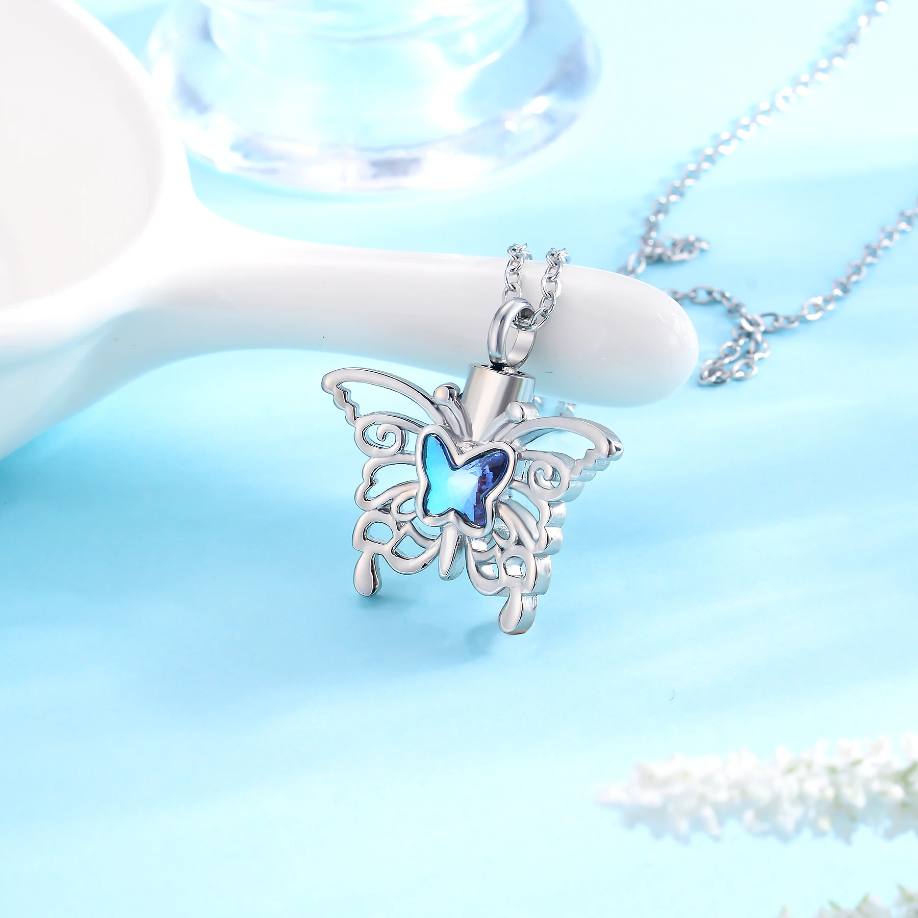 Collana Commemorativa Per Ceneri A Forma Di Cuore E Farfalla – Gioiello In Acciaio Inox Con Cristalli Per Ricordo Donna – Regalo Funebre - 2