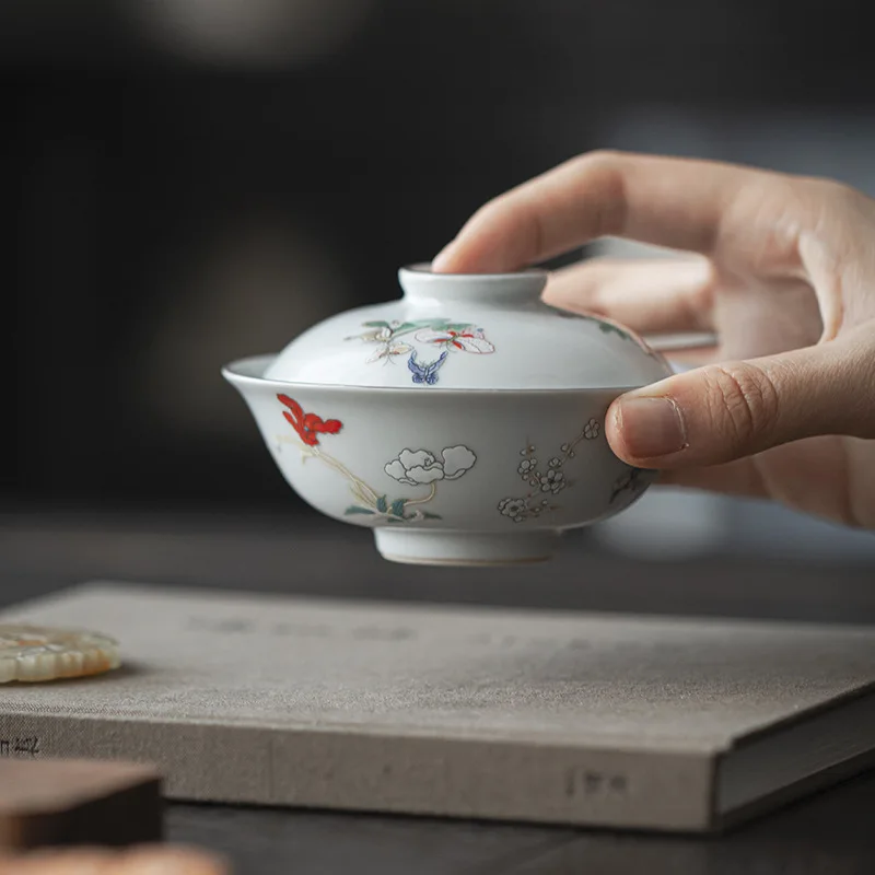 Retro Moon Butterfly Ceramic Tea Tureen Boutique Japanese High-footed Tea Bowl Maker Cover Bowl Household Kung Fu Set