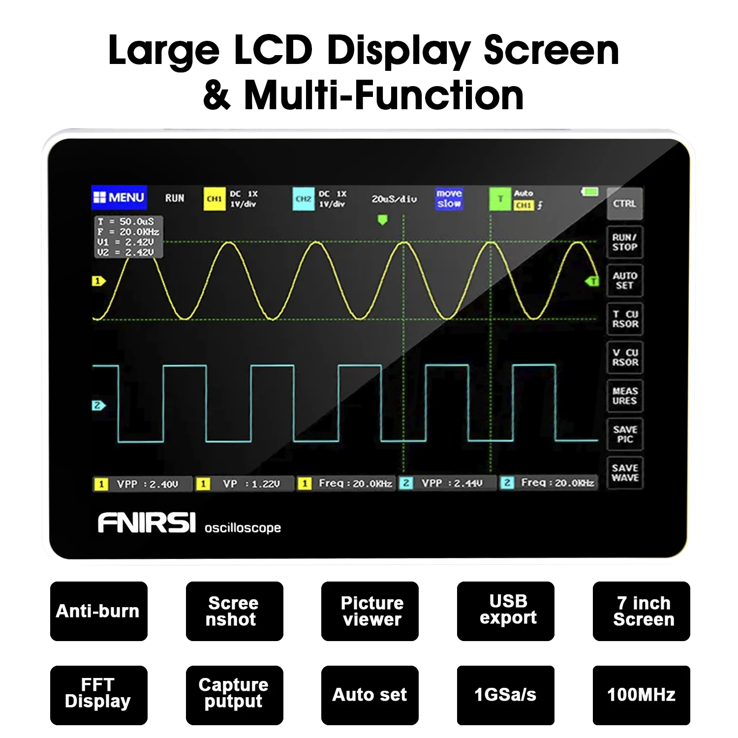 1013D Plus Oscilloscope Portable Handheld Tablet with 100X High Voltage Probe 2 Channels 100Mhz Bandwidth